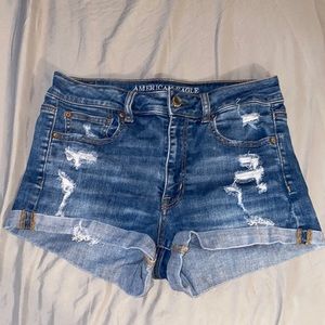american eagle hi-rise shortie shorts / size 8 / blue ripped